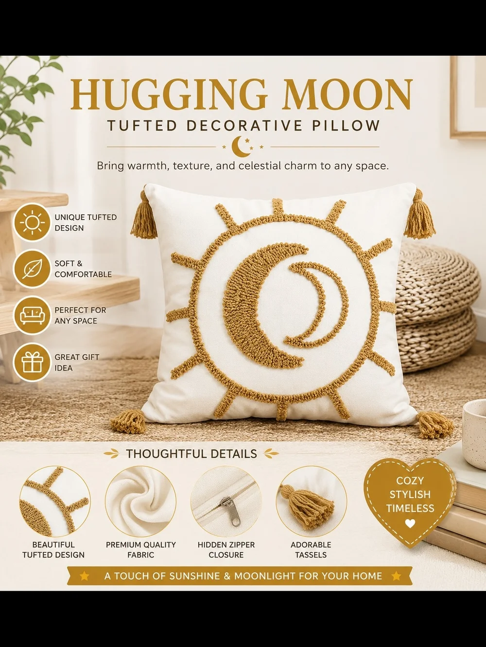 Tufted Decorative Pillow - White with Gold Tassels With Insert
